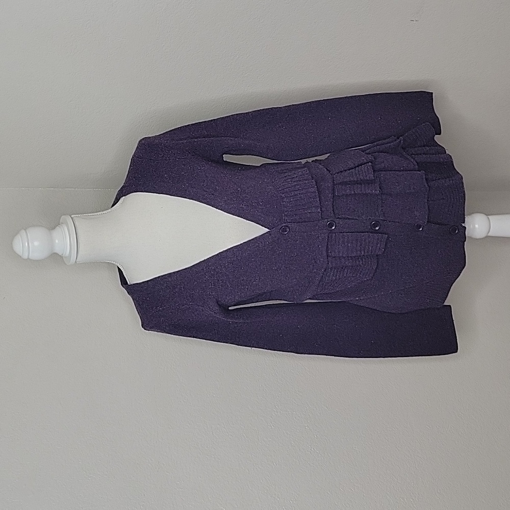 Anthropologie Moth Purple Wool Asymetrical Ruffle Button Up Cardigan